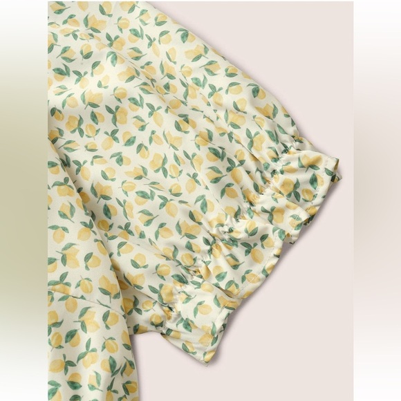 BloomChic Plus Size 6XL Citrus Lemon Print Overlap Collar Lantern Sleeve Dress - Picture 4 of 8